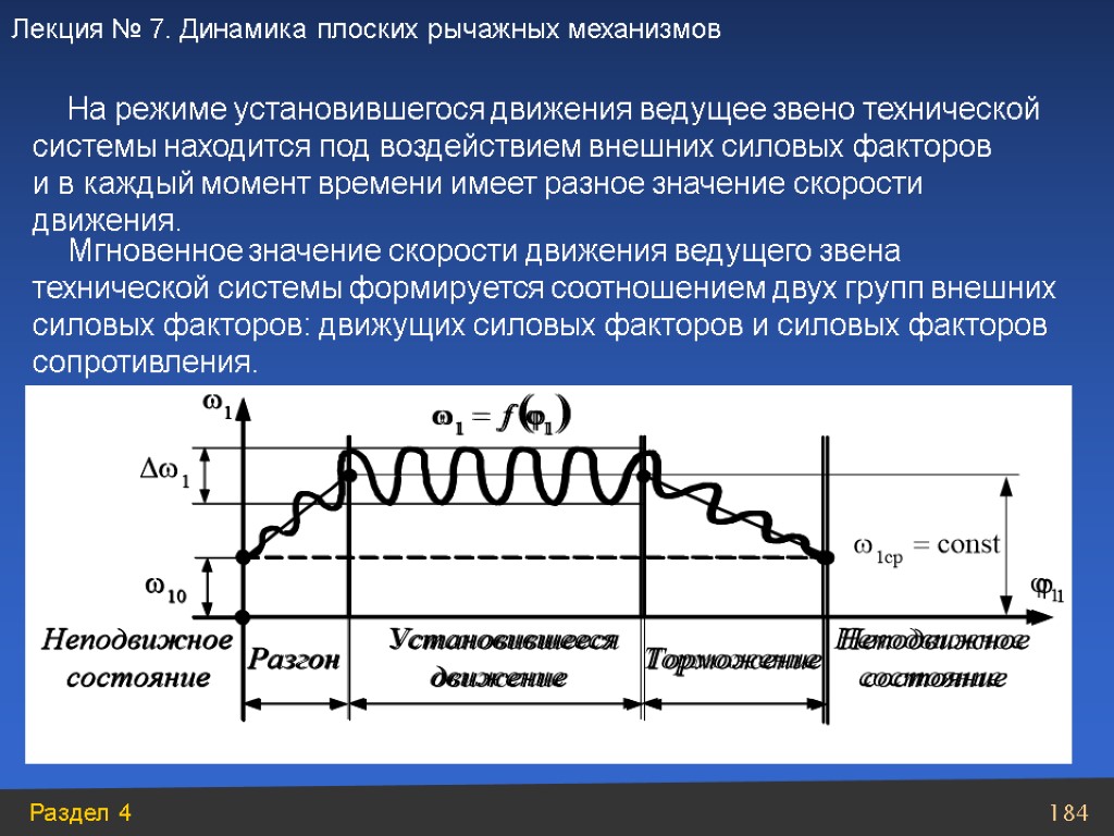 Мгновенное значение скорости движения ведущего звена технической системы формируется соотношением двух групп внешних силовых